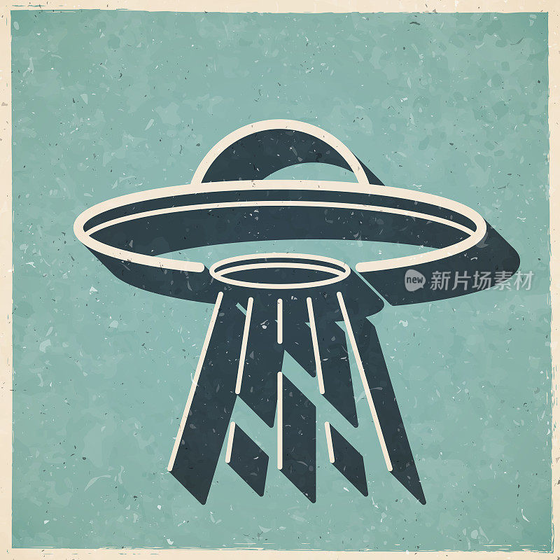 UFO -有光束的飞碟。图标复古复古风格-旧纹理纸